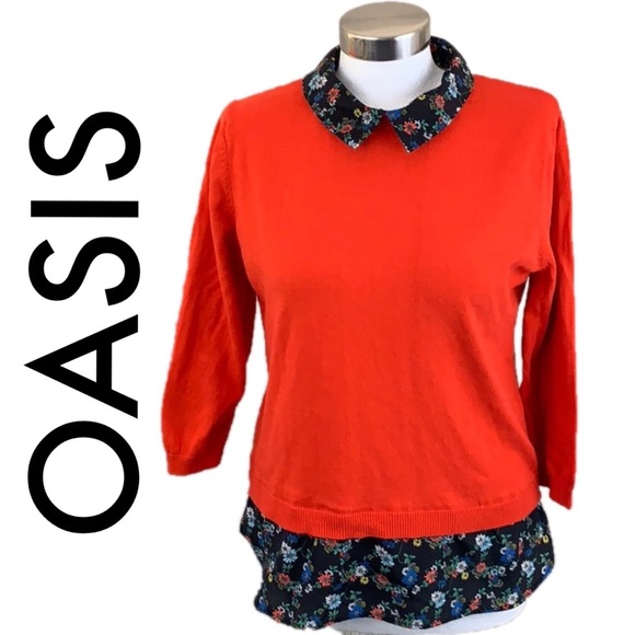 Oasis Sweaters - OAISIS RED LIGHTWEIGHT FLORAL SWEATER SIZE LARGE